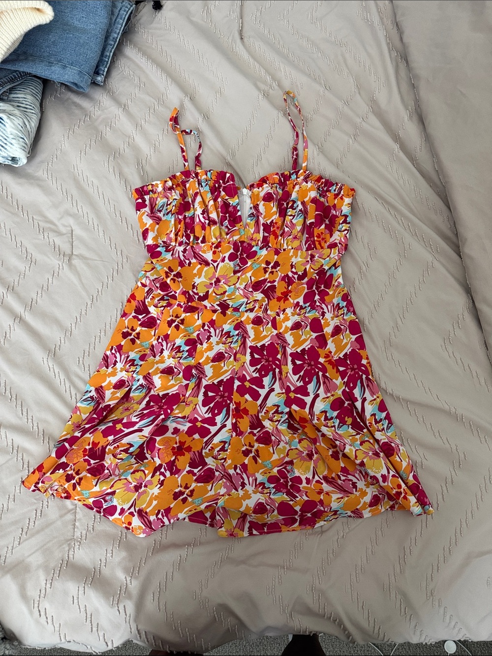 Floral Romper with Spaghetti Straps - Yellow & Magenta